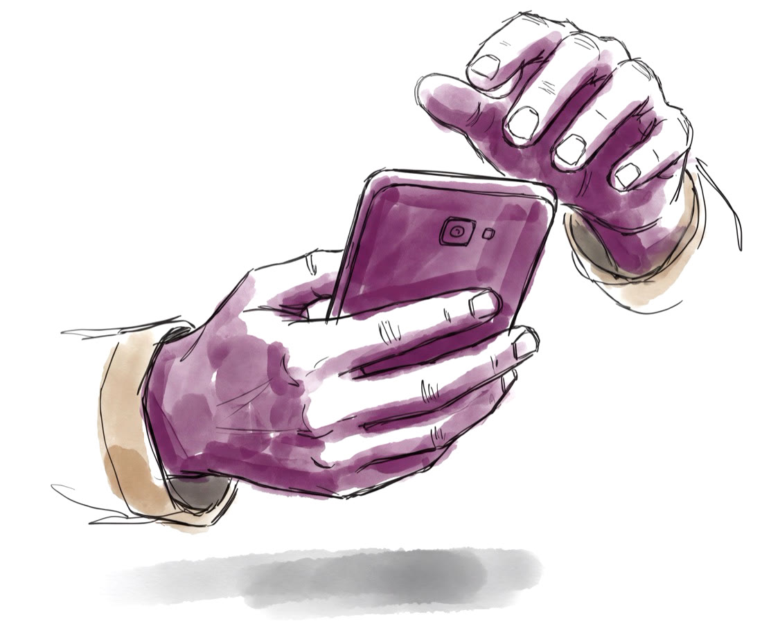 Watercolor illustration of hands holding a phone