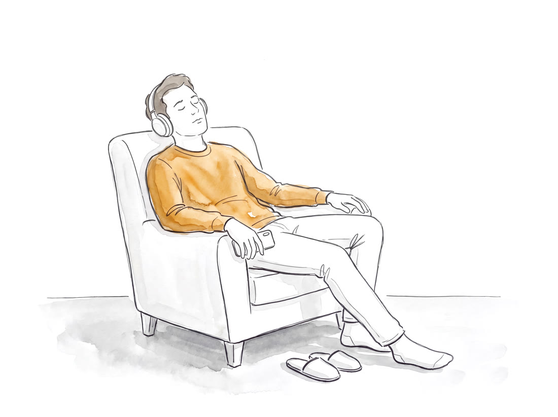 Watercolor illustration of a man resting in an armchair with headphones, eyes closed, following a guided practice