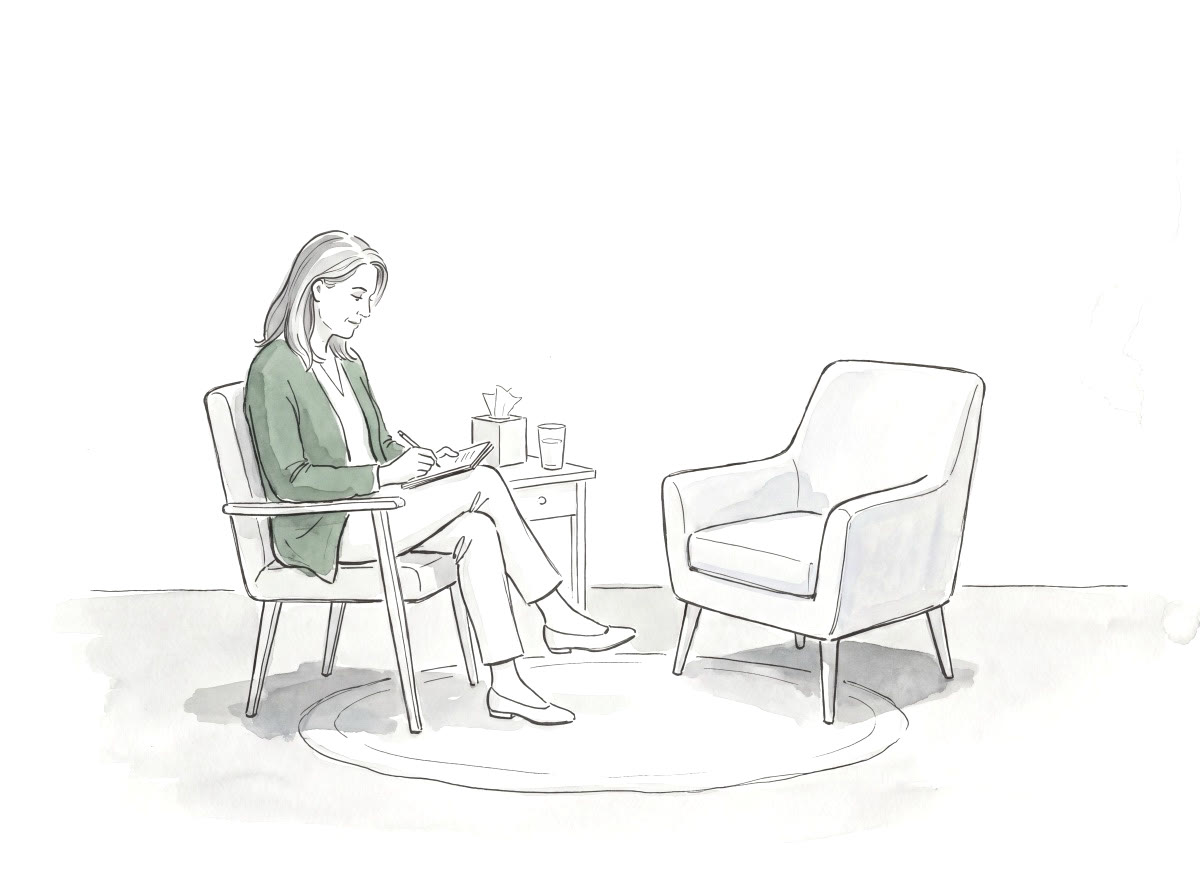 Watercolor illustration of a therapist reading notes in her office before a session, the client chair still empty