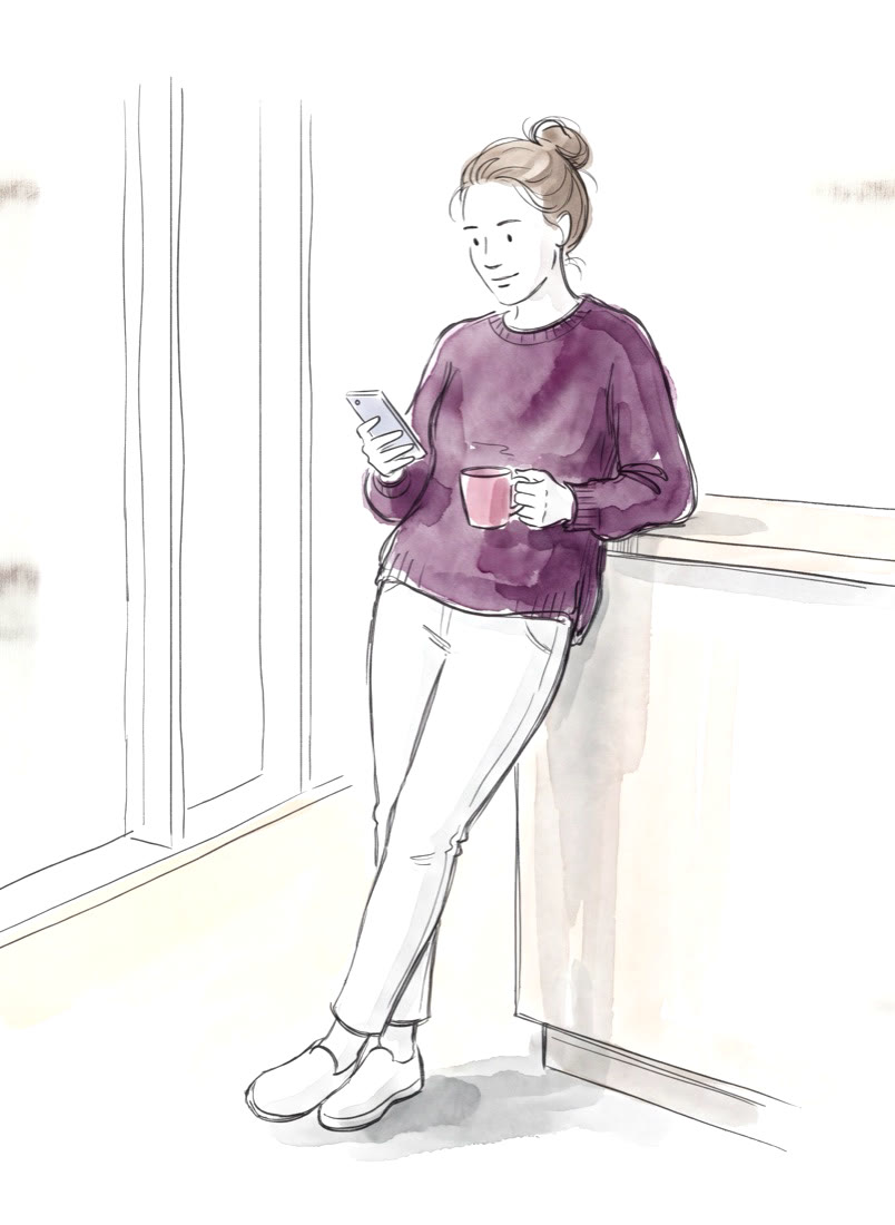 Watercolor illustration of a therapist assigning an activity from her phone, coffee in hand