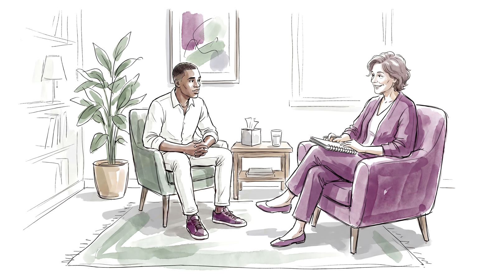 Watercolor illustration of a therapist and client in conversation in a calm, sunlit office