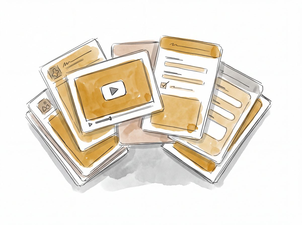 Watercolor illustration of a spread of activity cards and worksheets