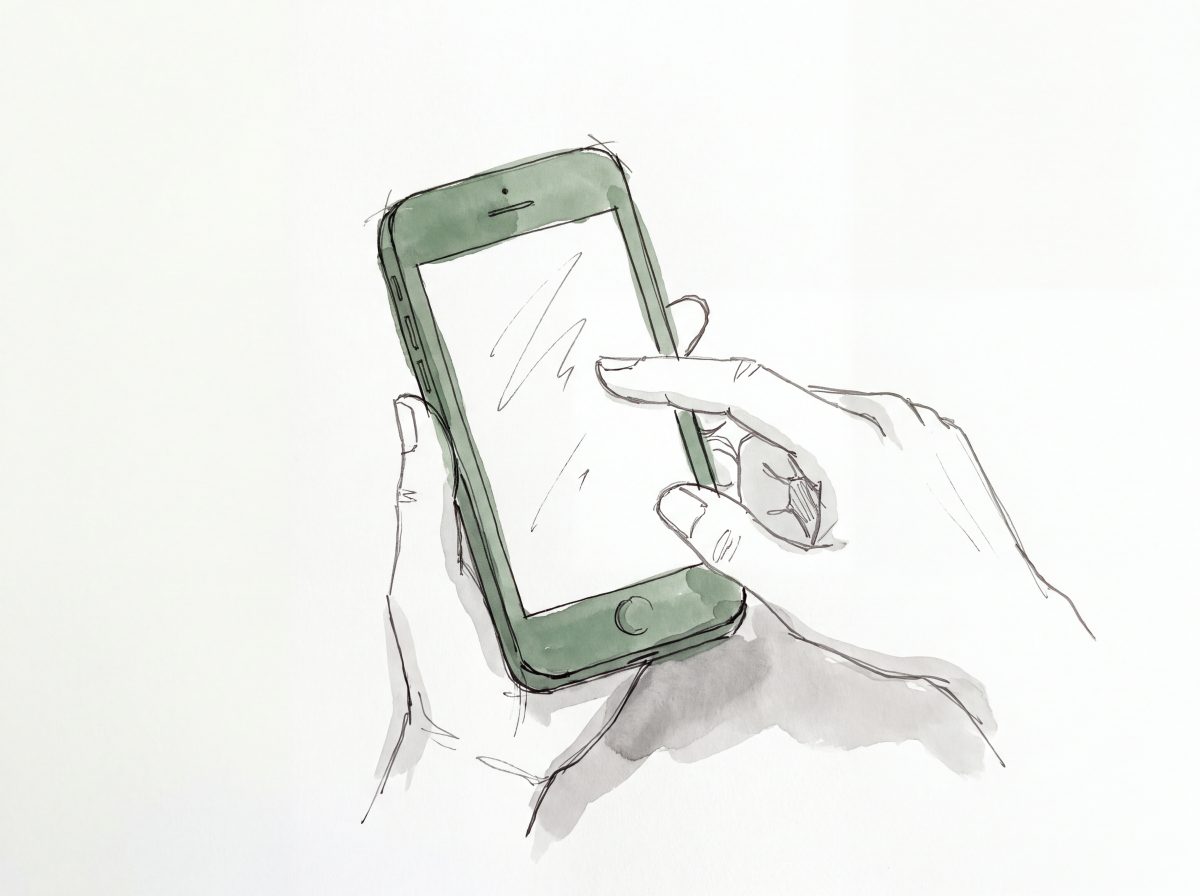 Watercolor illustration of hands tapping a phone screen
