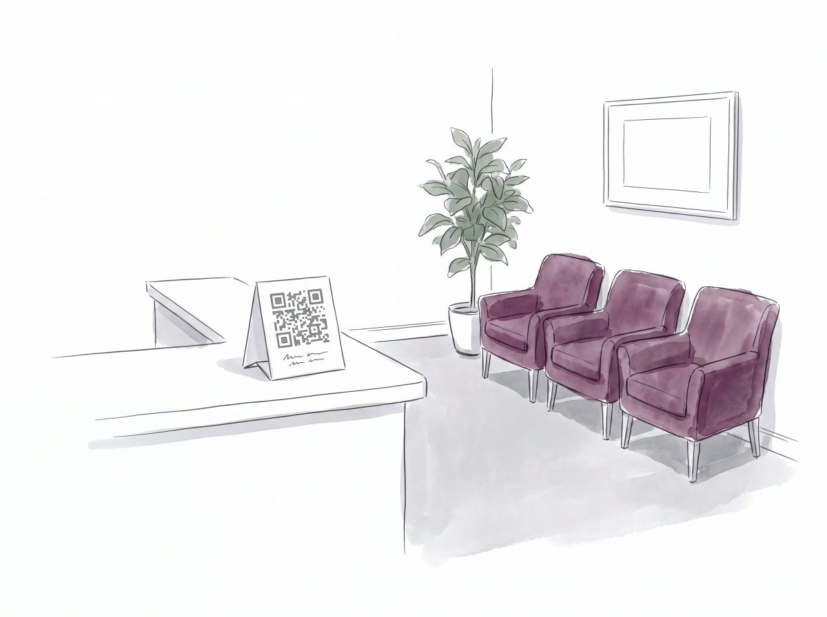 Watercolor illustration of a QR code placard on a waiting-room desk