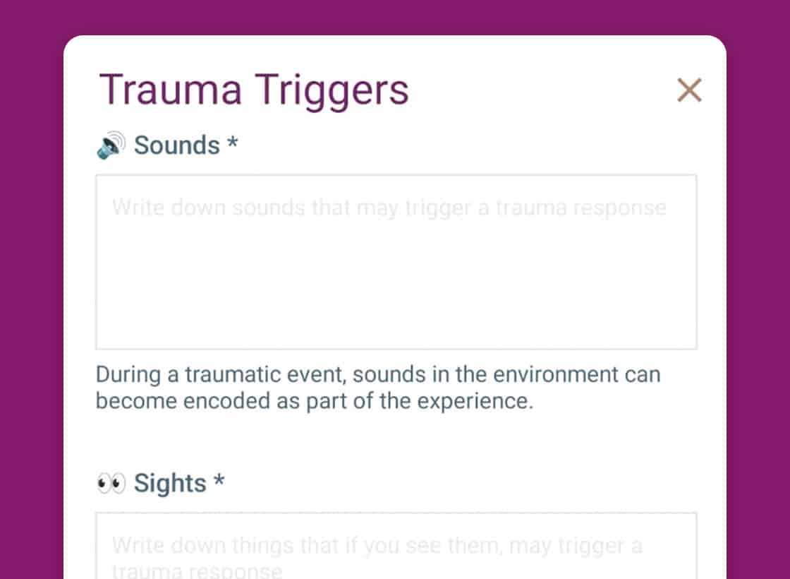 mobile screenshot of Trauma triggers assignment has clients label sights, sounds, smells and situations which trigger their trauma response