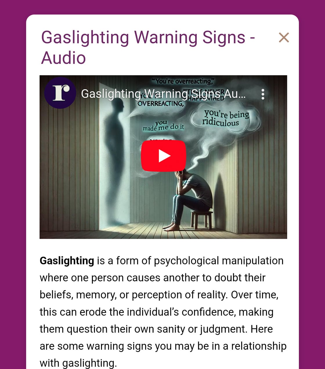 gaslighting warning signs audio guide screenshots